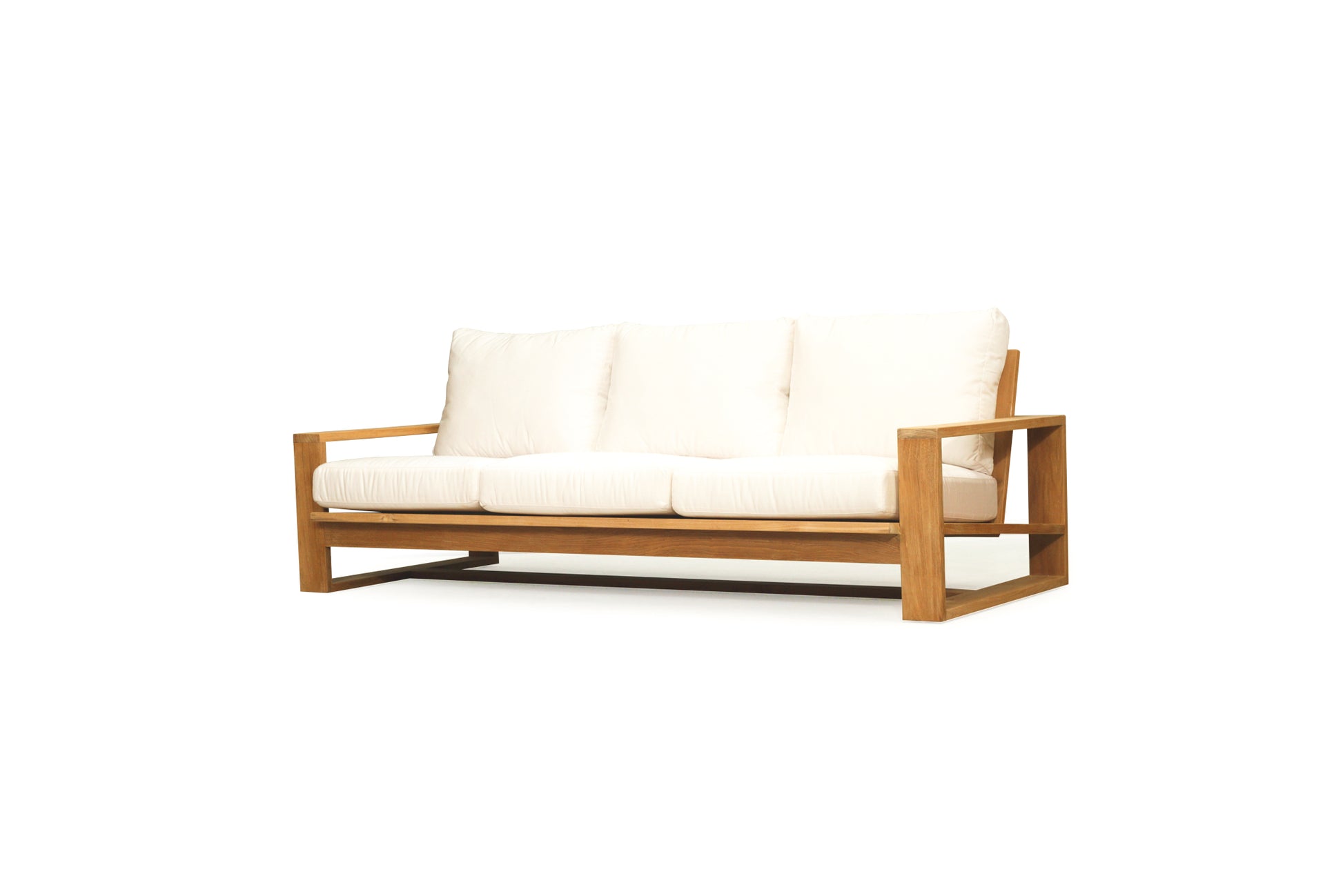 Teak outdoor sofa with white cushions on a white background