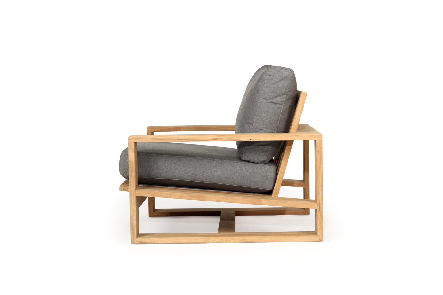 Solid Teak Outdoor Two-seater sofa with wooden frame and gray cushions on a white background