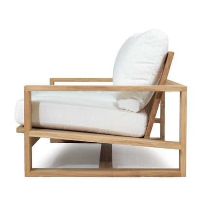Solid Teak Outddoor sofa with white Sunbrella weather proof cushions on a white background