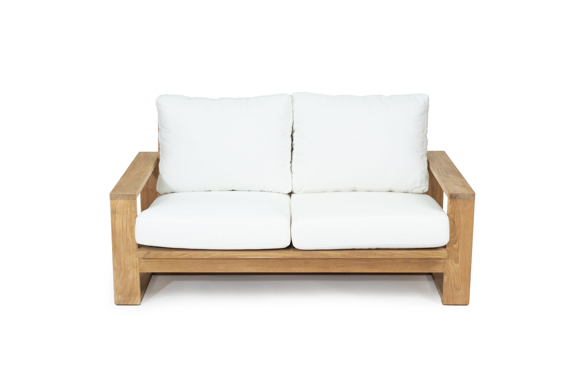 Solid Teak Outdoor sofa with white Sunbrella weather proof cushions on a white background