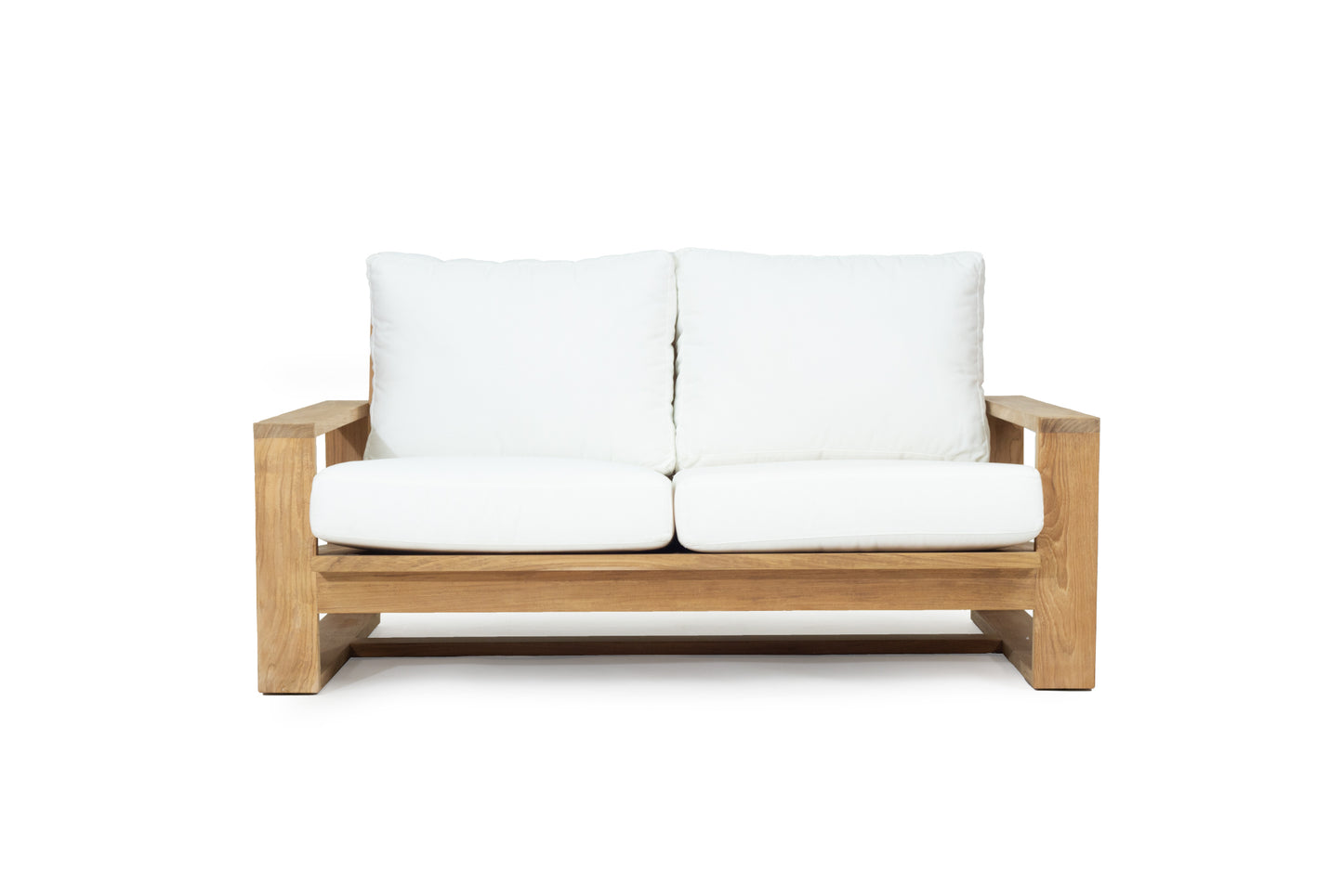Solid Teak Outdoor sofa with white Sunbrella weather proof cushions on a white background