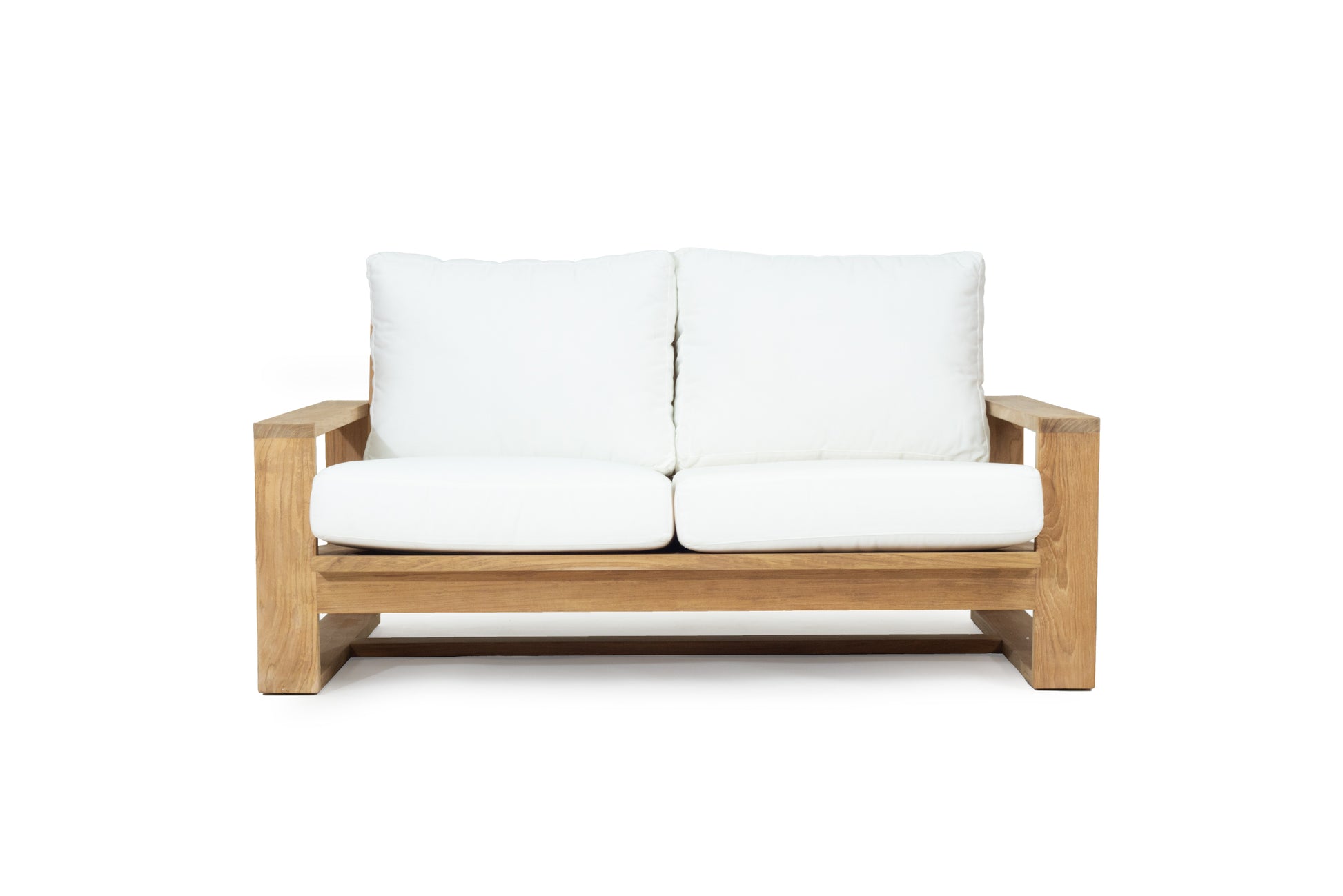 Solid Teak Outdoor sofa with white Sunbrella weather proof cushions on a white background