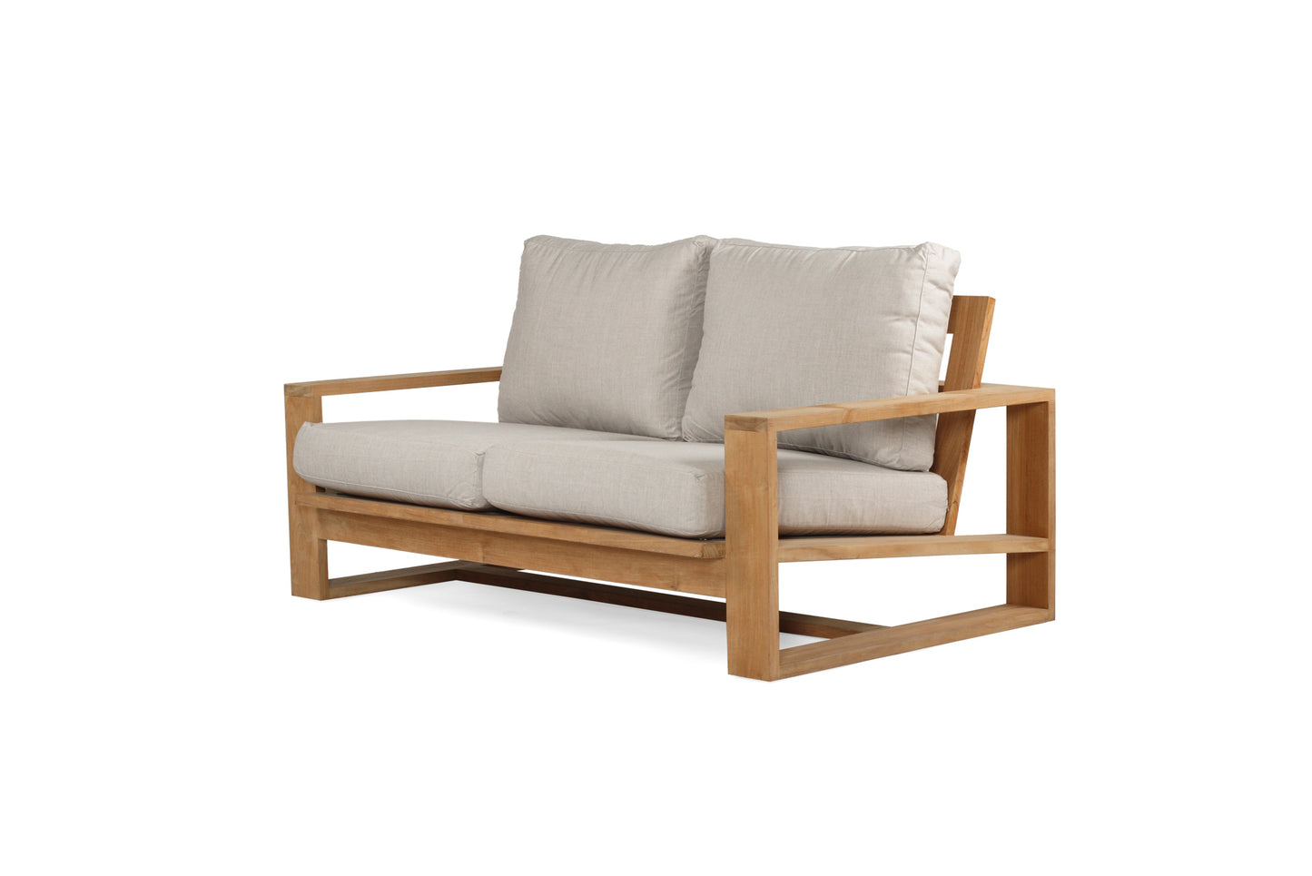 Solid Teak Outddoor sofa with beige silver Sunbrella weather proof cushions on a white background