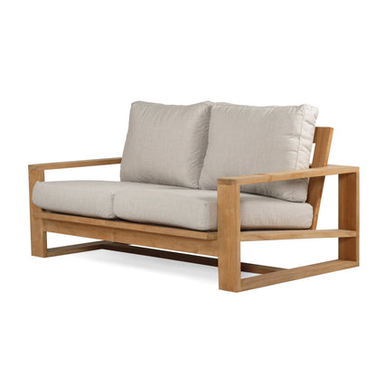 Solid Teak Outddoor sofa with beige silver Sunbrella weather proof cushions on a white background