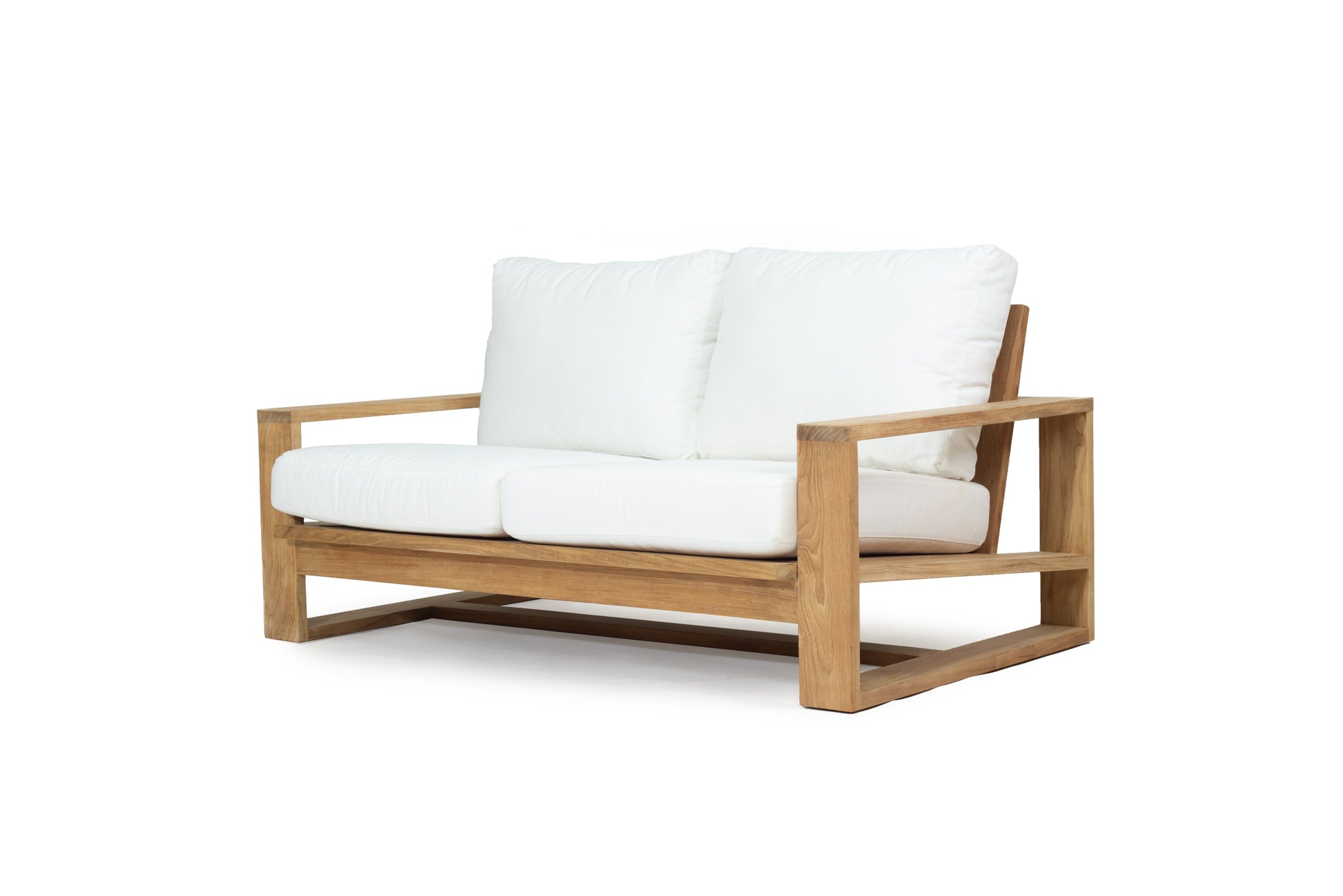 Solid Teak Outddoor sofa with white Sunbrella weather proof cushions on a white background
