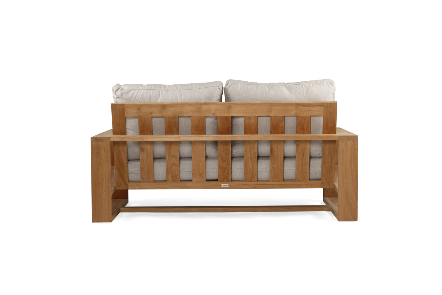 Solid Teak Outddoor sofa with beige silver Sunbrella weather proof cushions on a white background