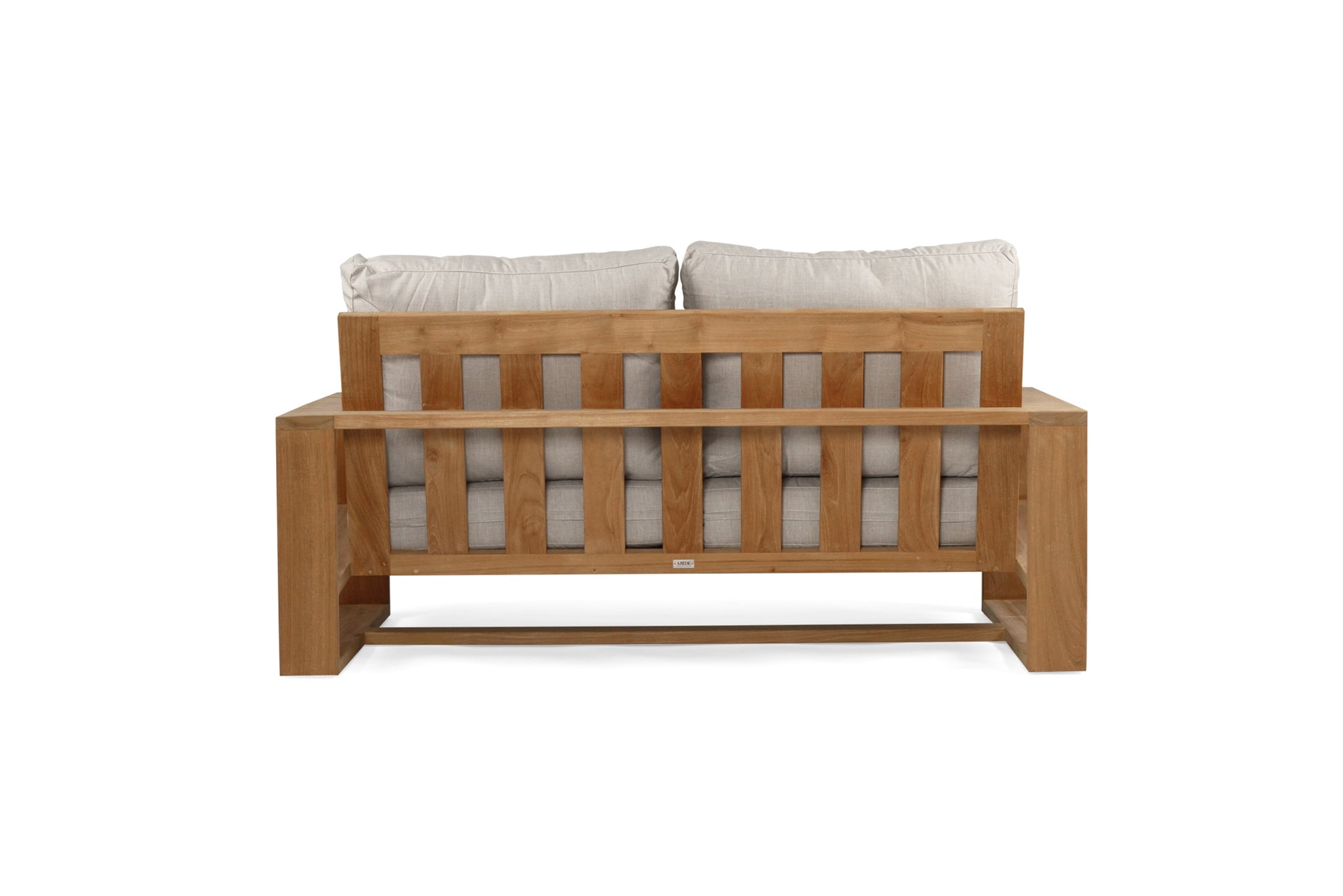 Solid Teak Outddoor sofa with beige silver Sunbrella weather proof cushions on a white background