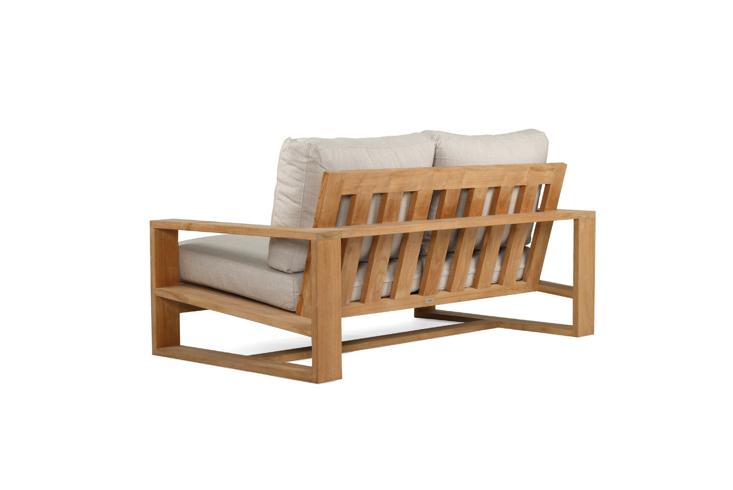 Solid Teak Outddoor sofa with beige silver Sunbrella weather proof cushions on a white background