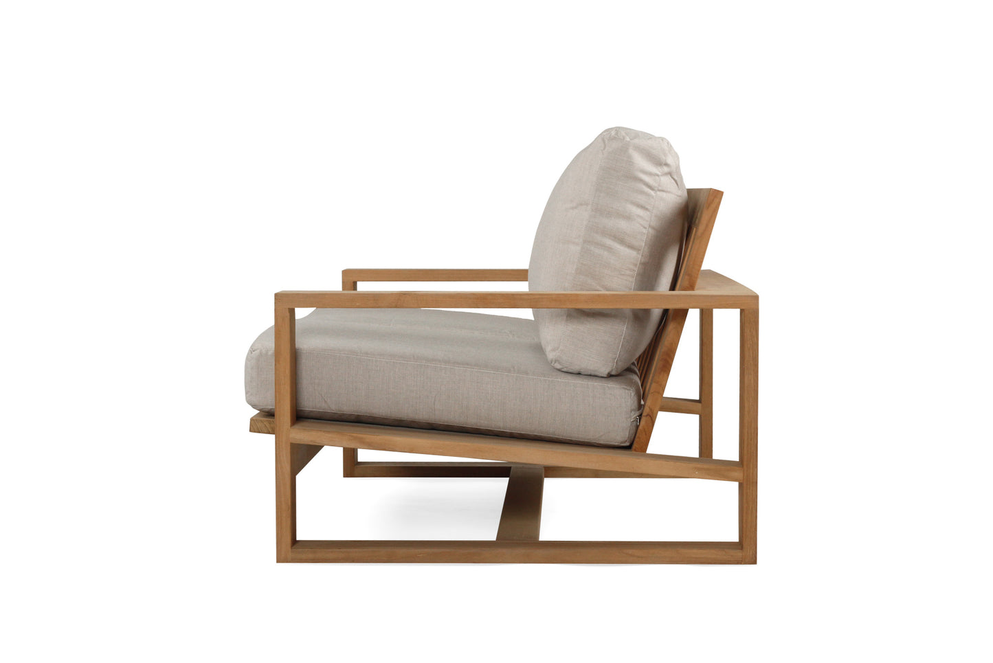 Solid Teak Outddoor sofa with beige silver Sunbrella weather proof cushions on a white background