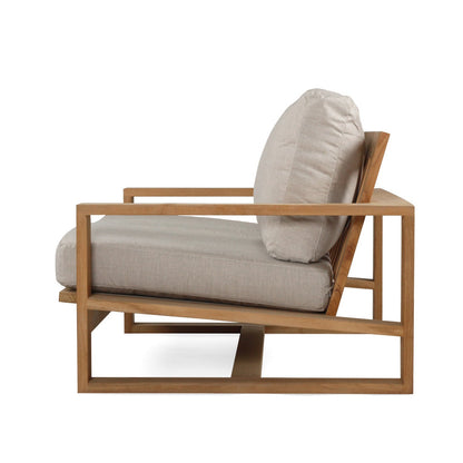 Solid Teak Outddoor sofa with beige silver Sunbrella weather proof cushions on a white background
