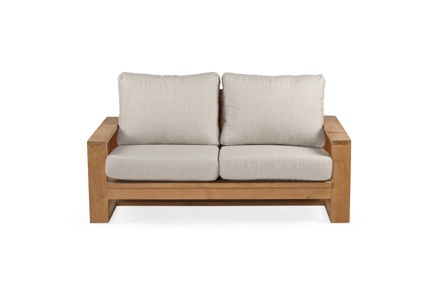 Solid Teak Outddoor sofa with beige silver Sunbrella weather proof cushions on a white background