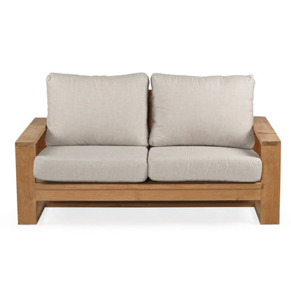 Solid Teak Outddoor sofa with beige silver Sunbrella weather proof cushions on a white background