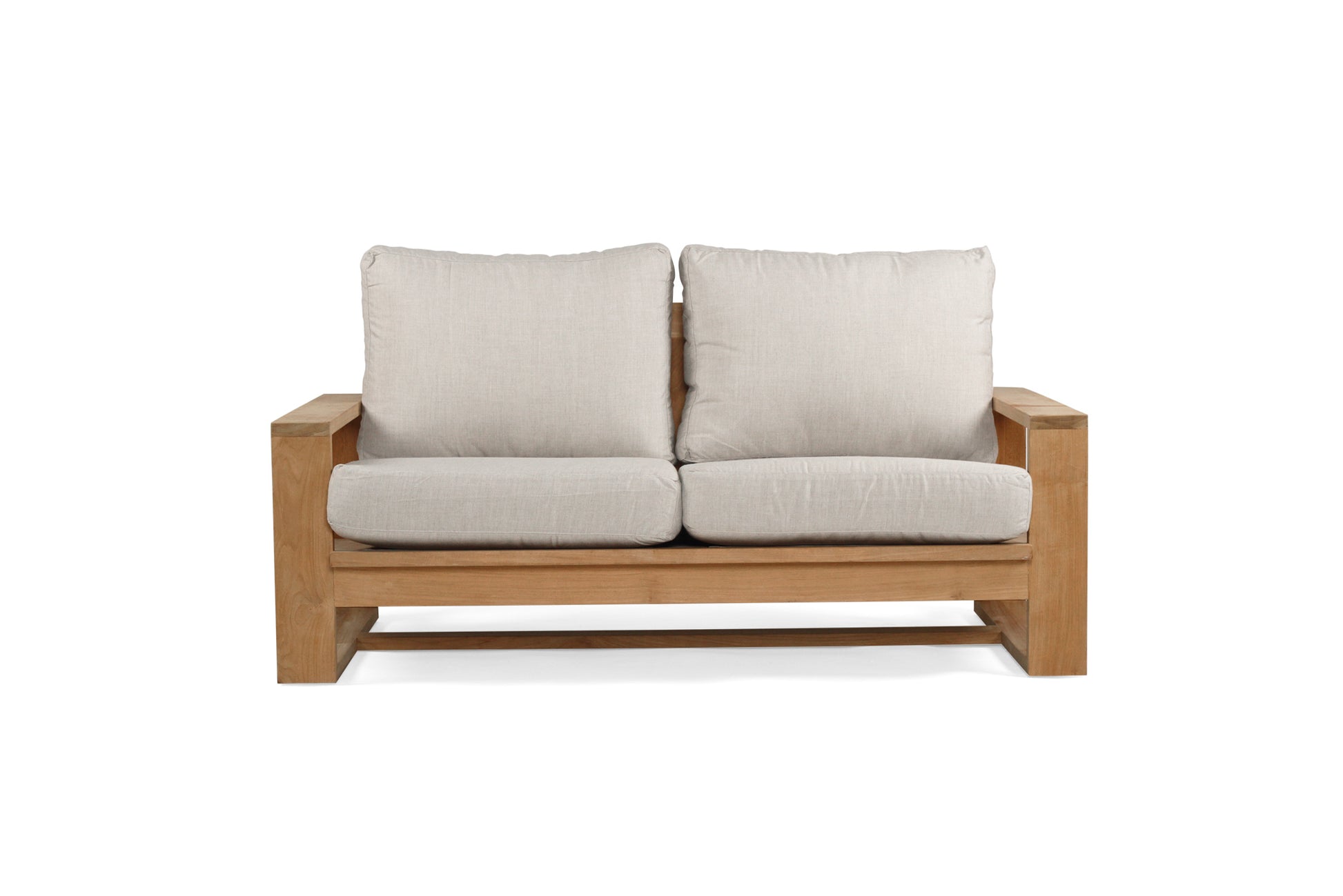 Solid Teak Outddoor sofa with beige silver Sunbrella weather proof cushions on a white background