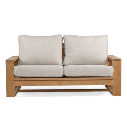 Solid Teak Outddoor sofa with beige silver Sunbrella weather proof cushions on a white background