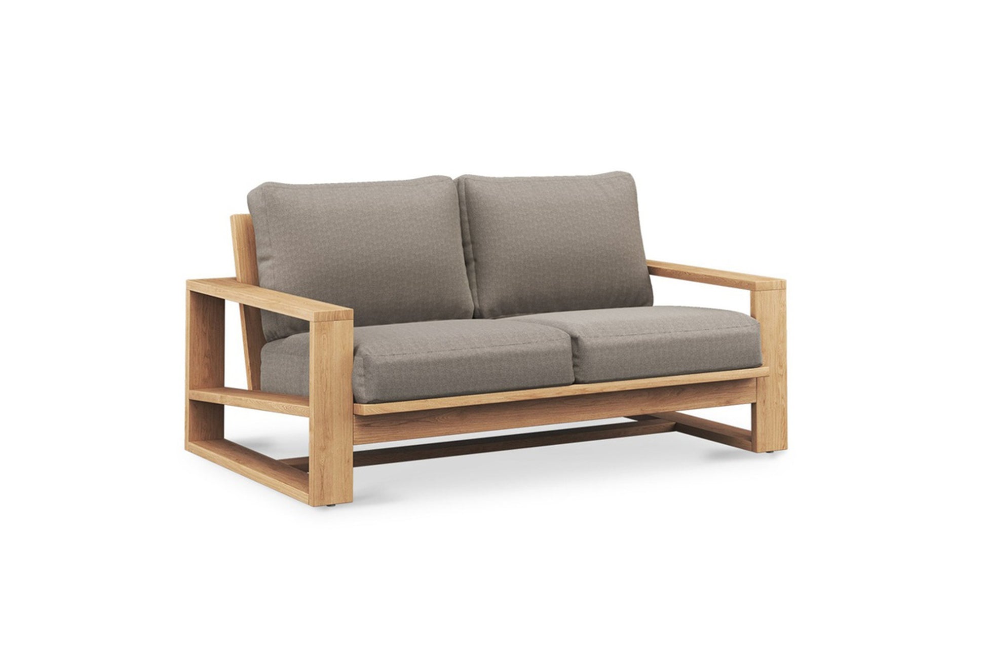 Solid Teak Outdoor Two-seater sofa with wooden frame and gray cushions on a white background