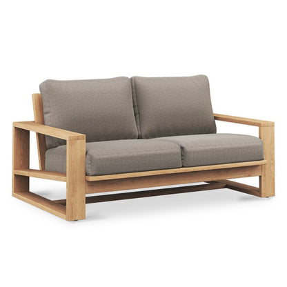 Solid Teak Outdoor Two-seater sofa with wooden frame and gray cushions on a white background