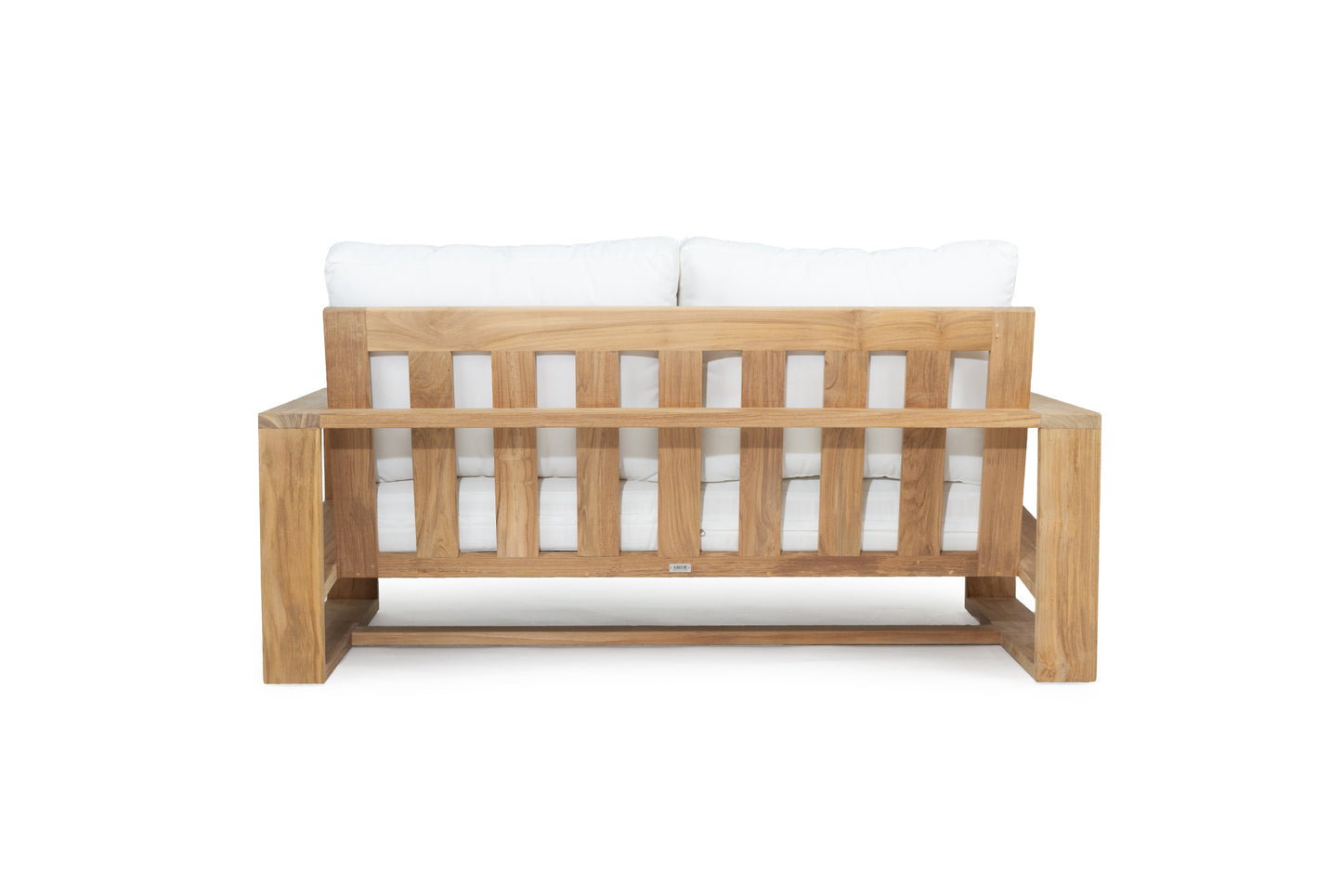 Solid Teak Outddoor sofa with white Sunbrella weather proof cushions on a white background