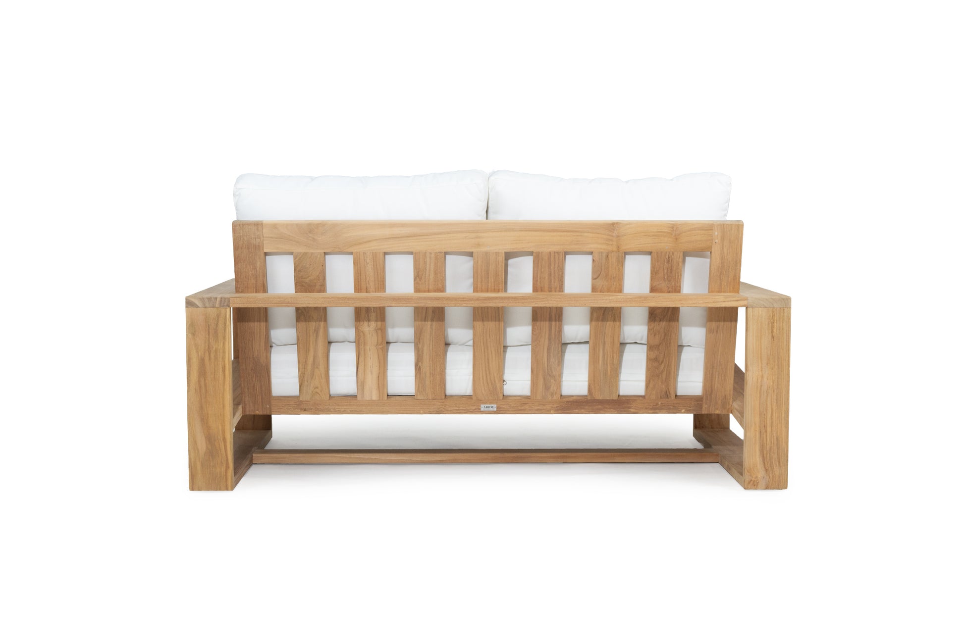 Solid Teak Outddoor sofa with white Sunbrella weather proof cushions on a white background