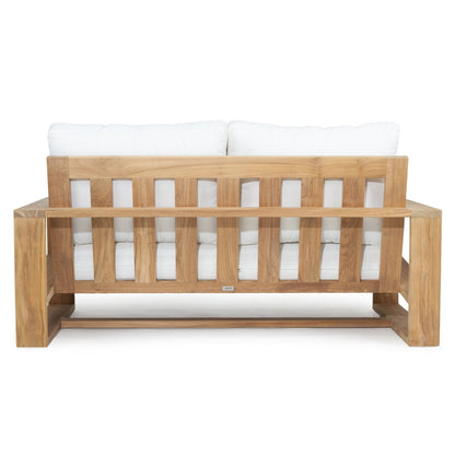 Solid Teak Outddoor sofa with white Sunbrella weather proof cushions on a white background