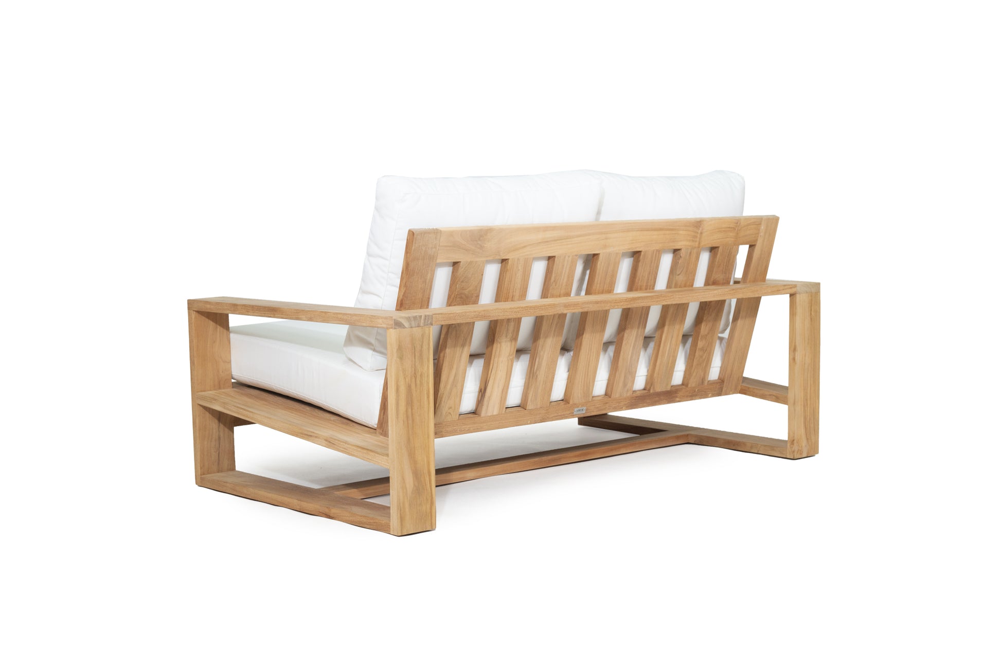 Solid Teak Outddoor sofa with white Sunbrella weather proof cushions on a white background