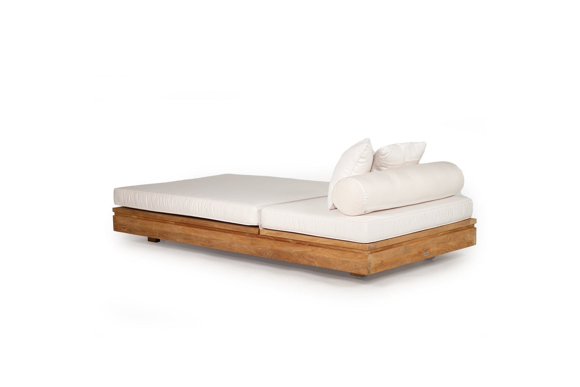 Teak outdoor sunlounge with white cushions on a white background 
