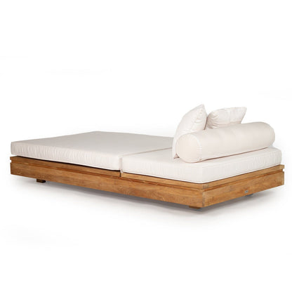 Teak outdoor sunlounge with white cushions on a white background 