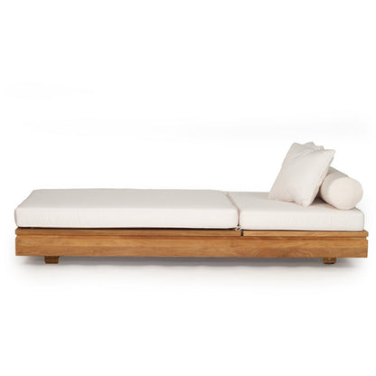 Teak outdoor sunlounge with white cushions on a white background 