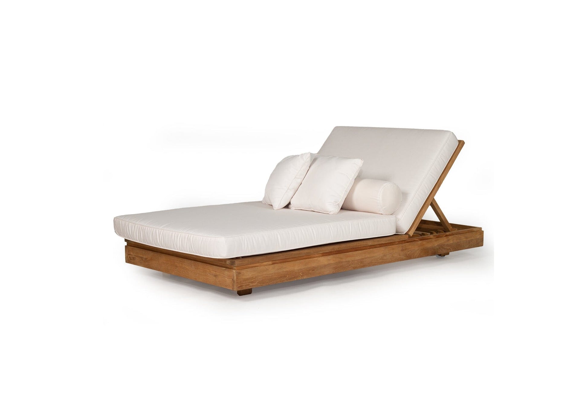 Bora Bora Teak outdoor sunlounge with white cushions on a white background from Sun Republic