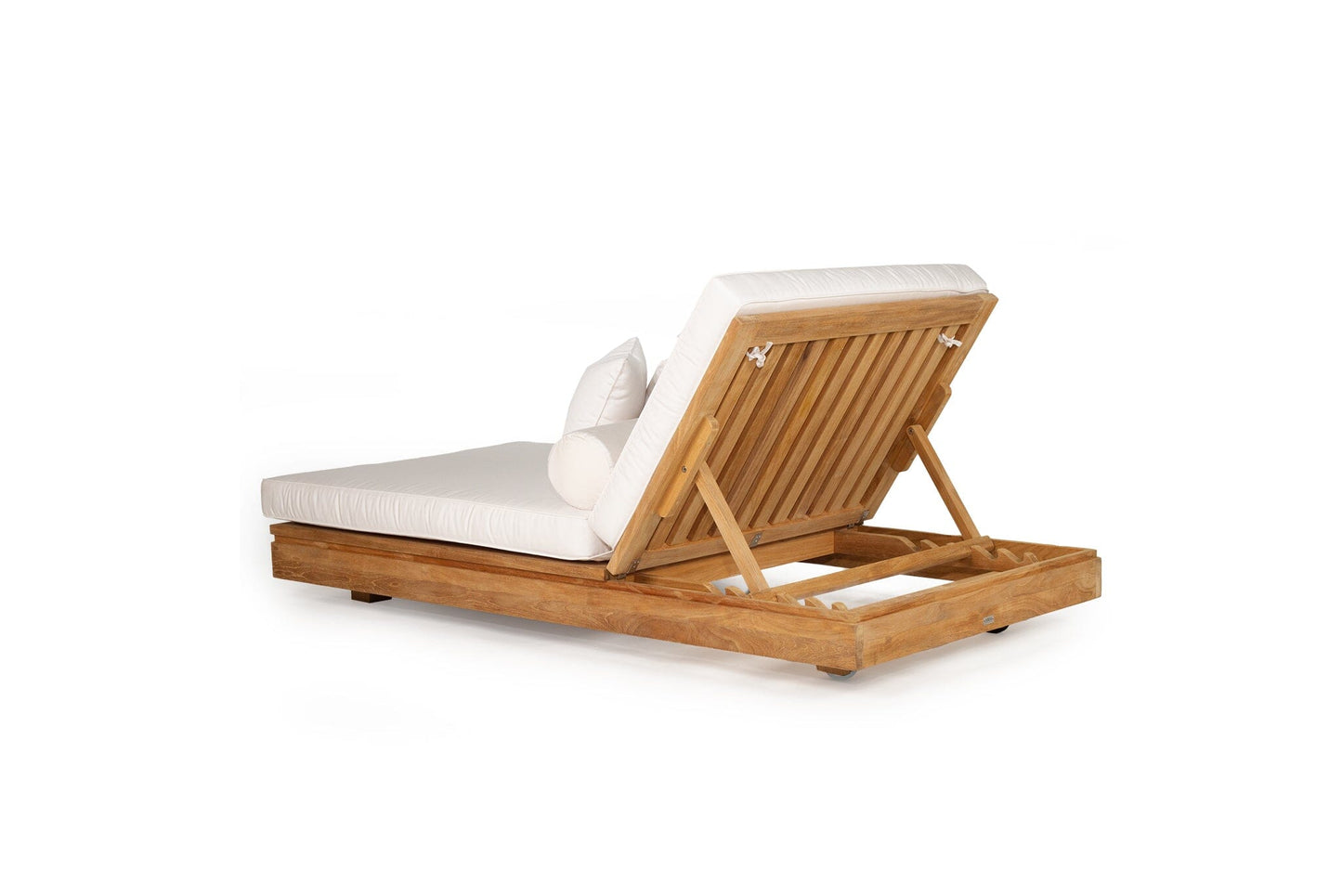 Teak outdoor sunlounge with white cushions on a white background from Sun Republic