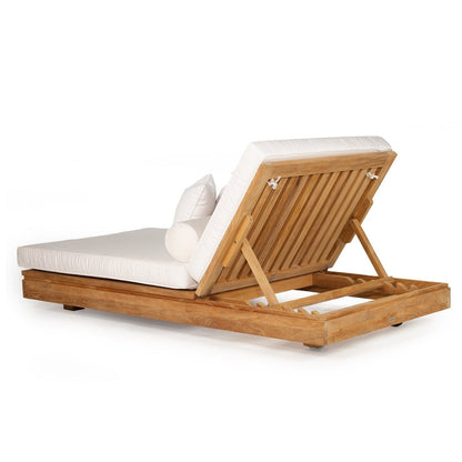Teak outdoor sunlounge with white cushions on a white background from Sun Republic