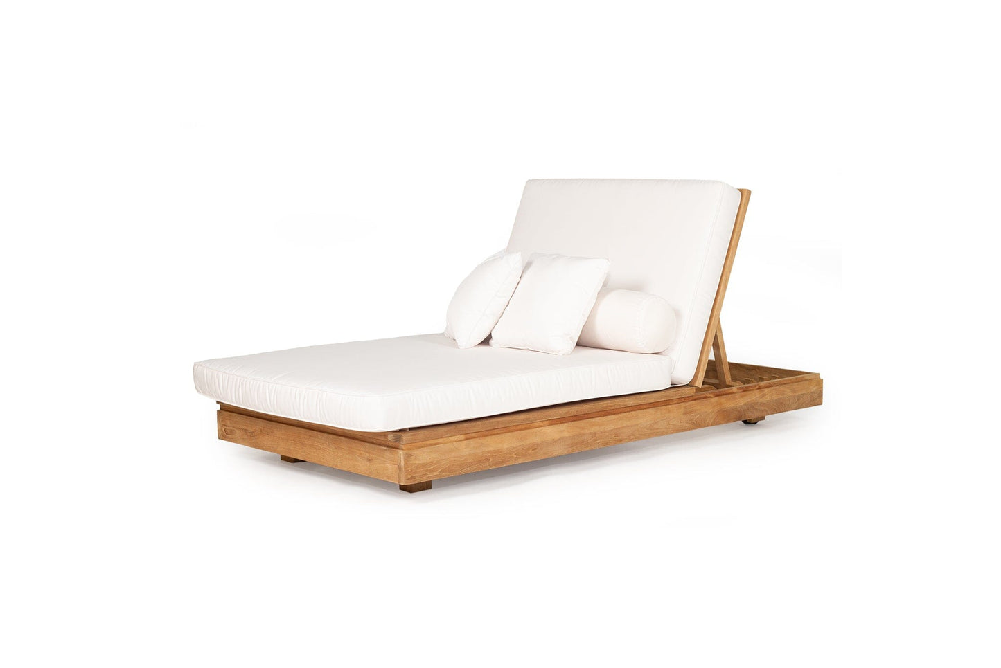 White cushioned sunlounge with wooden teak frame on a white background