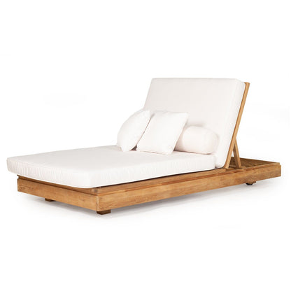 White cushioned sunlounge with wooden teak frame on a white background