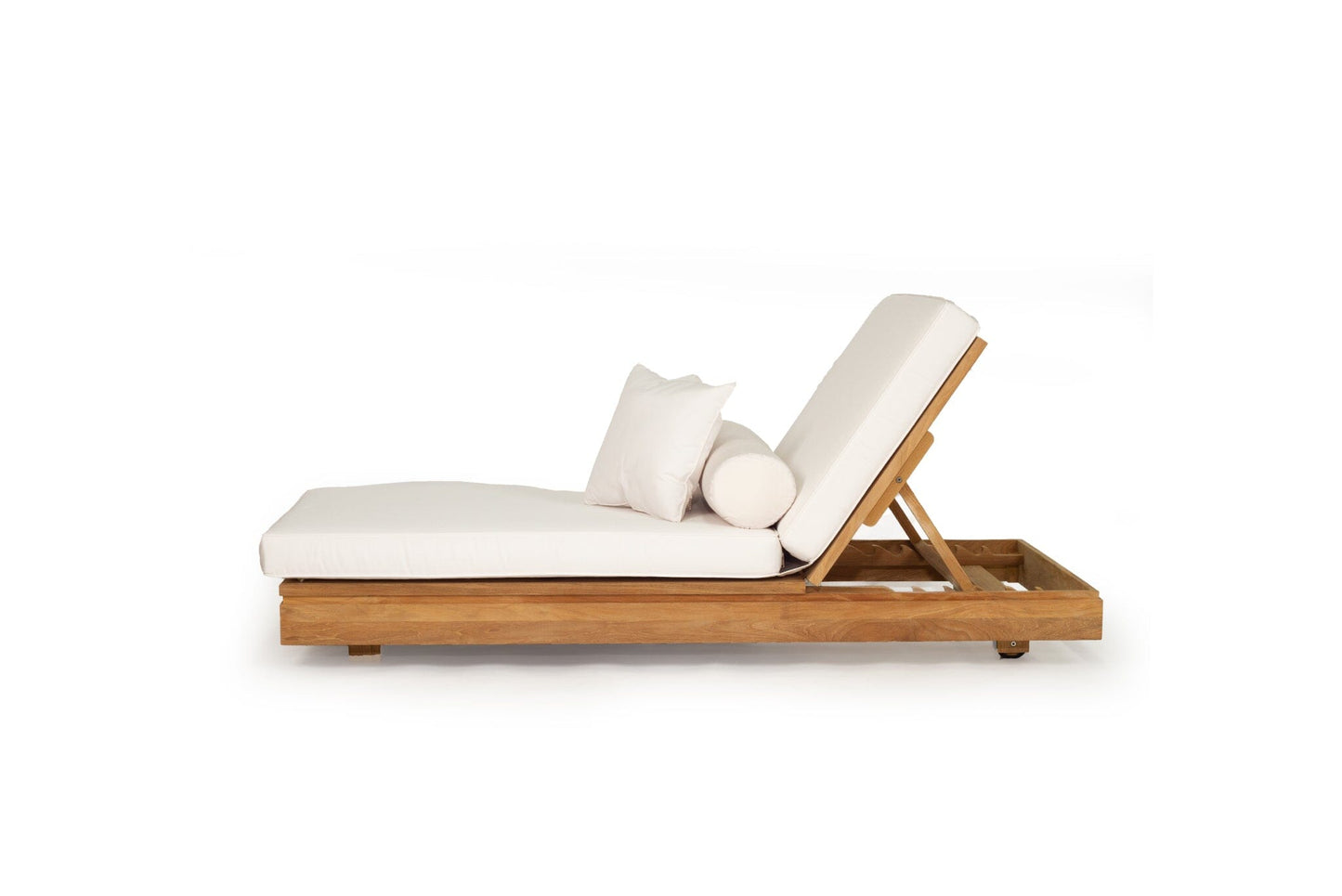 Bora Bora Teak outdoor sunlounge with white cushions on a white background from Sun Republic
