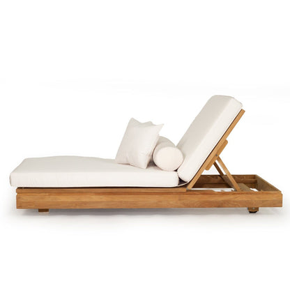 Bora Bora Teak outdoor sunlounge with white cushions on a white background from Sun Republic