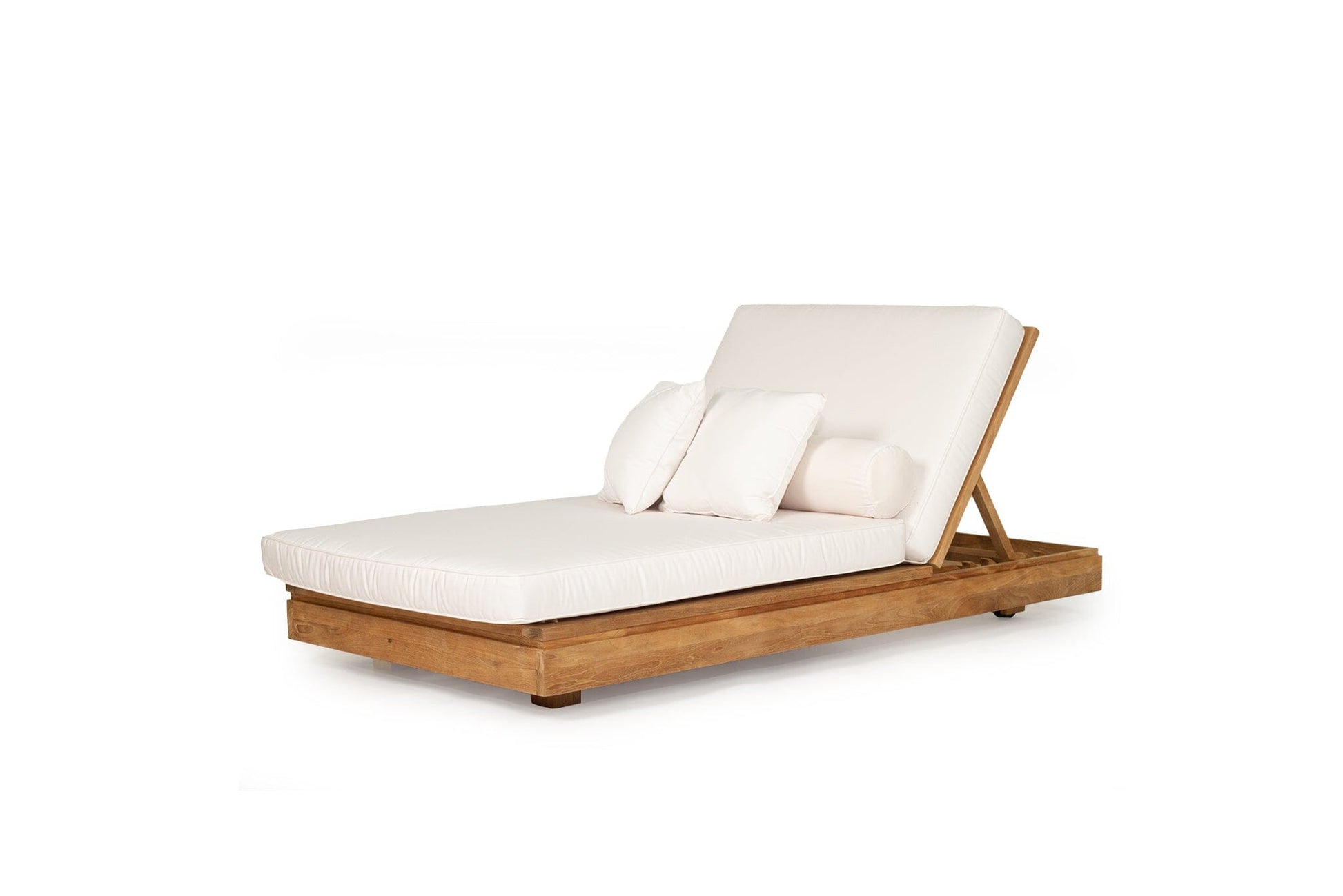 Bora Bora Teak outdoor sunlounge with white cushions on a white background from Sun Republic