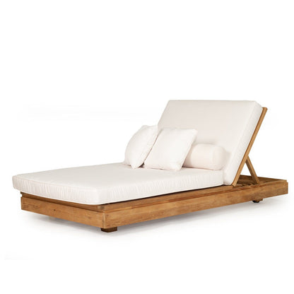 Bora Bora Teak outdoor sunlounge with white cushions on a white background from Sun Republic