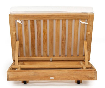 Teak outdoor sunlounge with white cushions on a white background 
