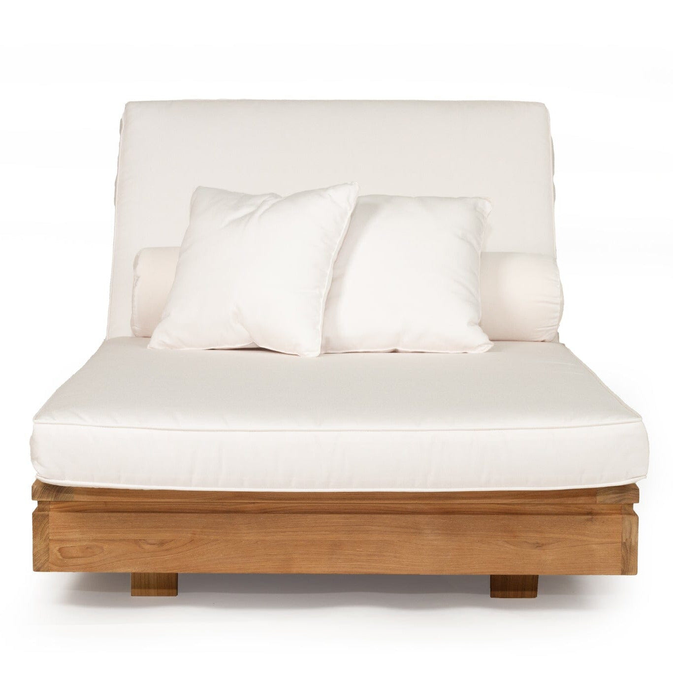 Teak outdoor sunlounge with white cushions on a white background from Sun Republic