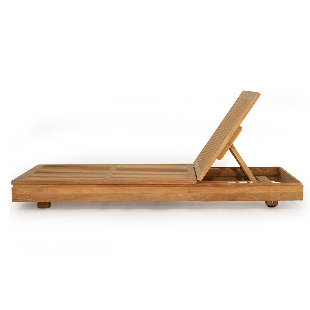 Teak outdoor sunlounge with white cushions on a white background 