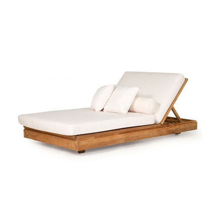 Teak outdoor sunlounge with white cushions on a white background from Sun Republic