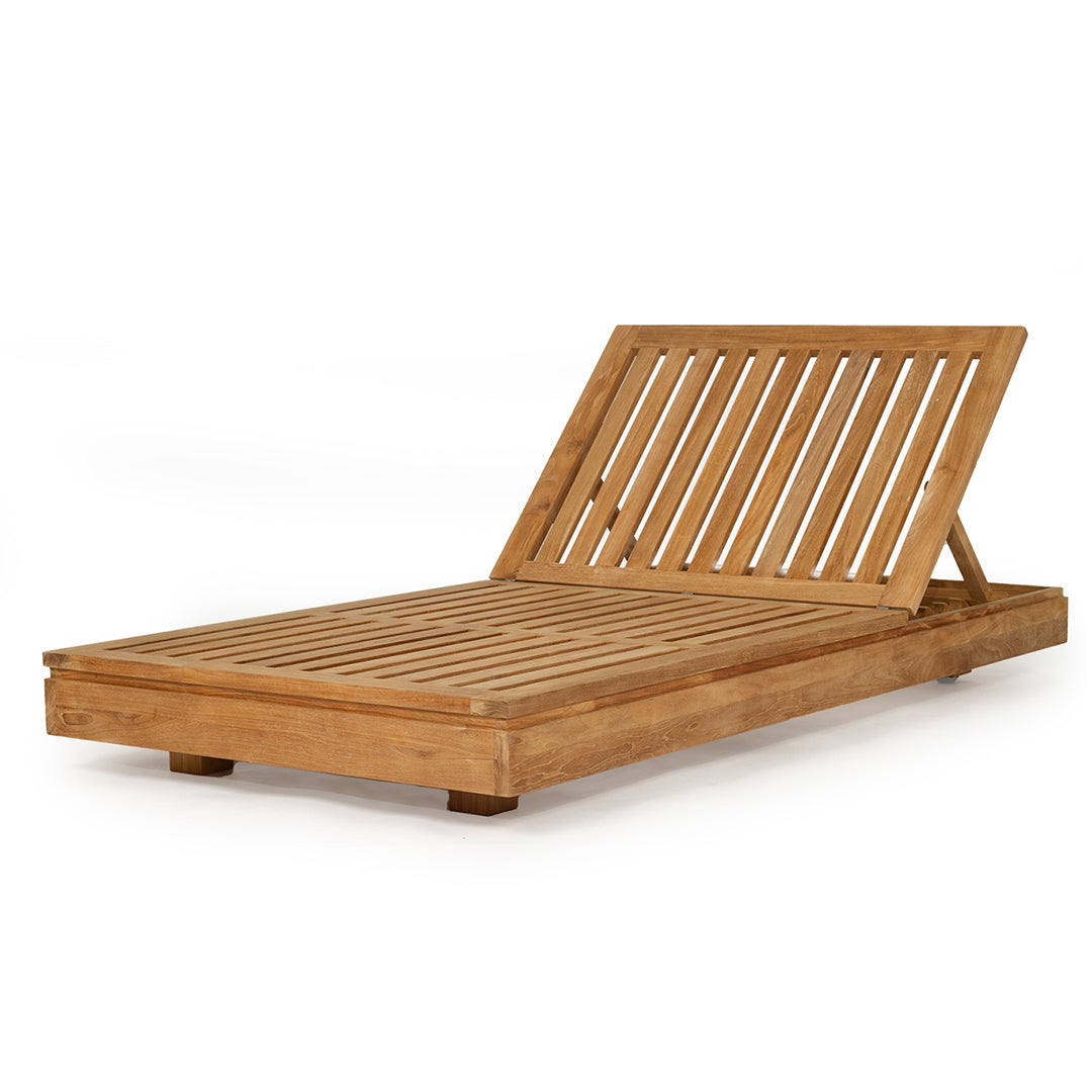 Teak outdoor sunlounge with white cushions on a white background 
