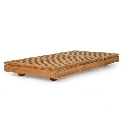 Teak outdoor sunlounge with white cushions on a white background 