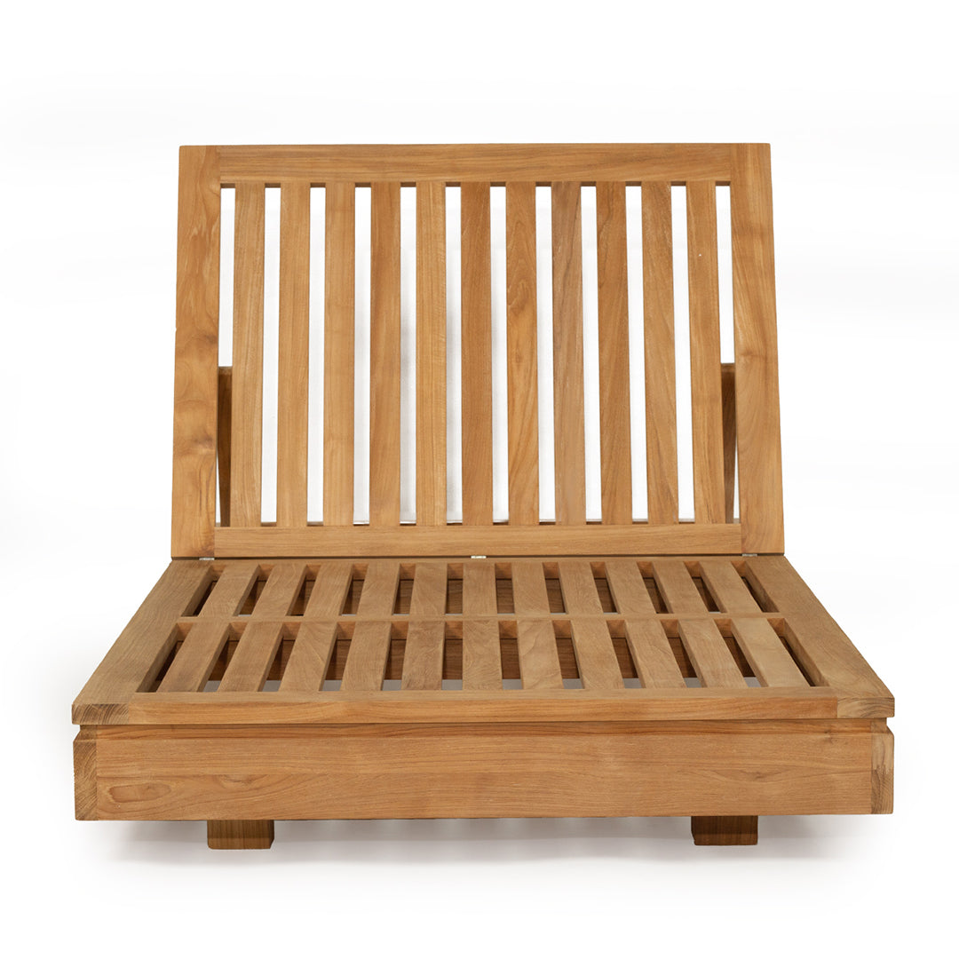 Teak outdoor sunlounge with white cushions on a white background from Sun Republic