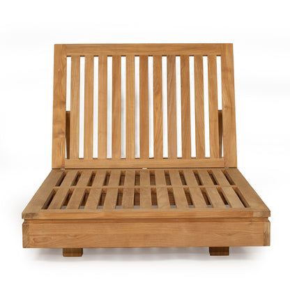 Teak outdoor sunlounge with white cushions on a white background from Sun Republic