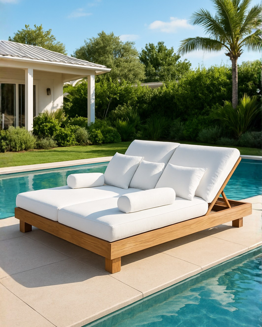 White cushioned double outdoor sunlounge by a pool with a palm tree and house in the background