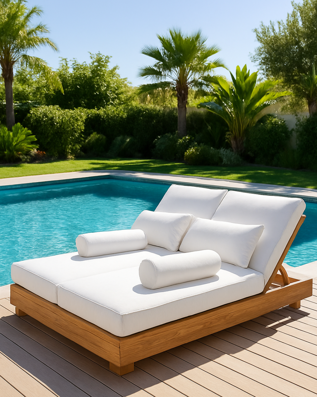 White cushioned outdoor lounge chair by a pool with palm trees in the background