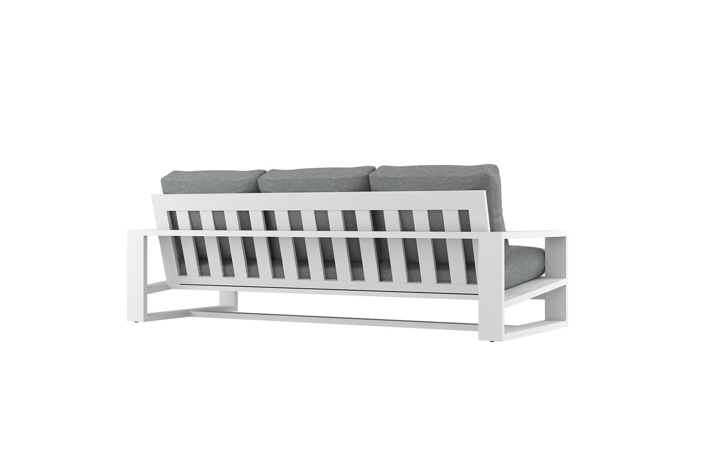 White outdoor sofa with gray cushions on a white background