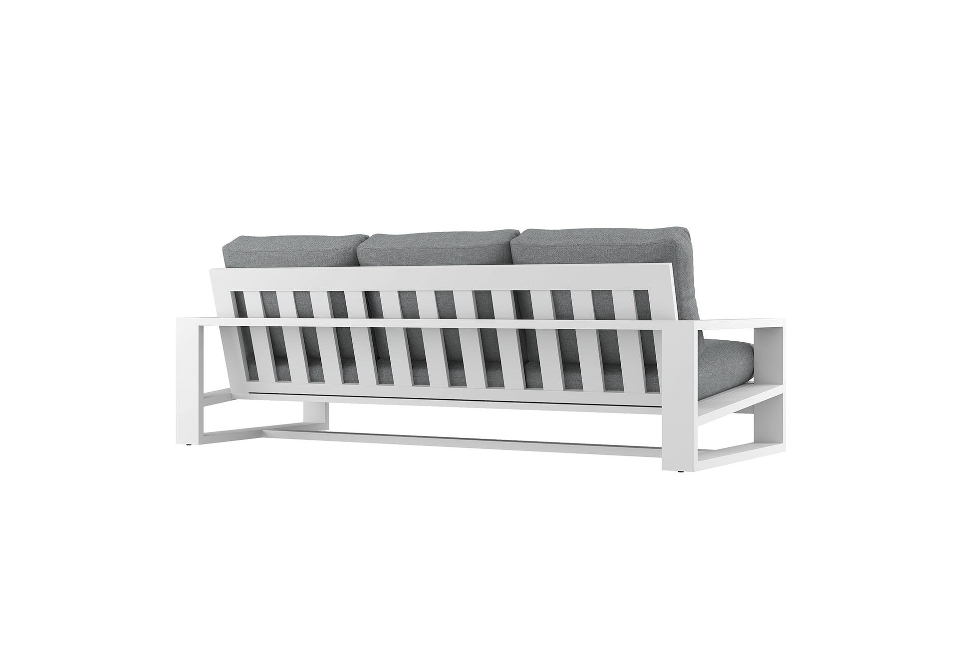White outdoor sofa with gray cushions on a white background