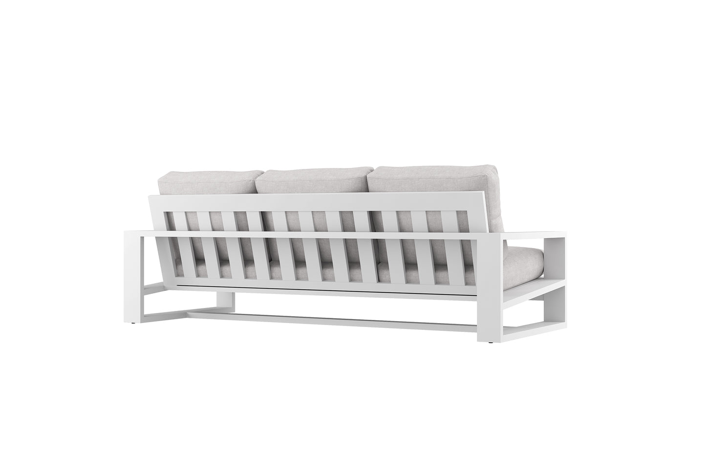 White outdoor sofa with cushions on a white background