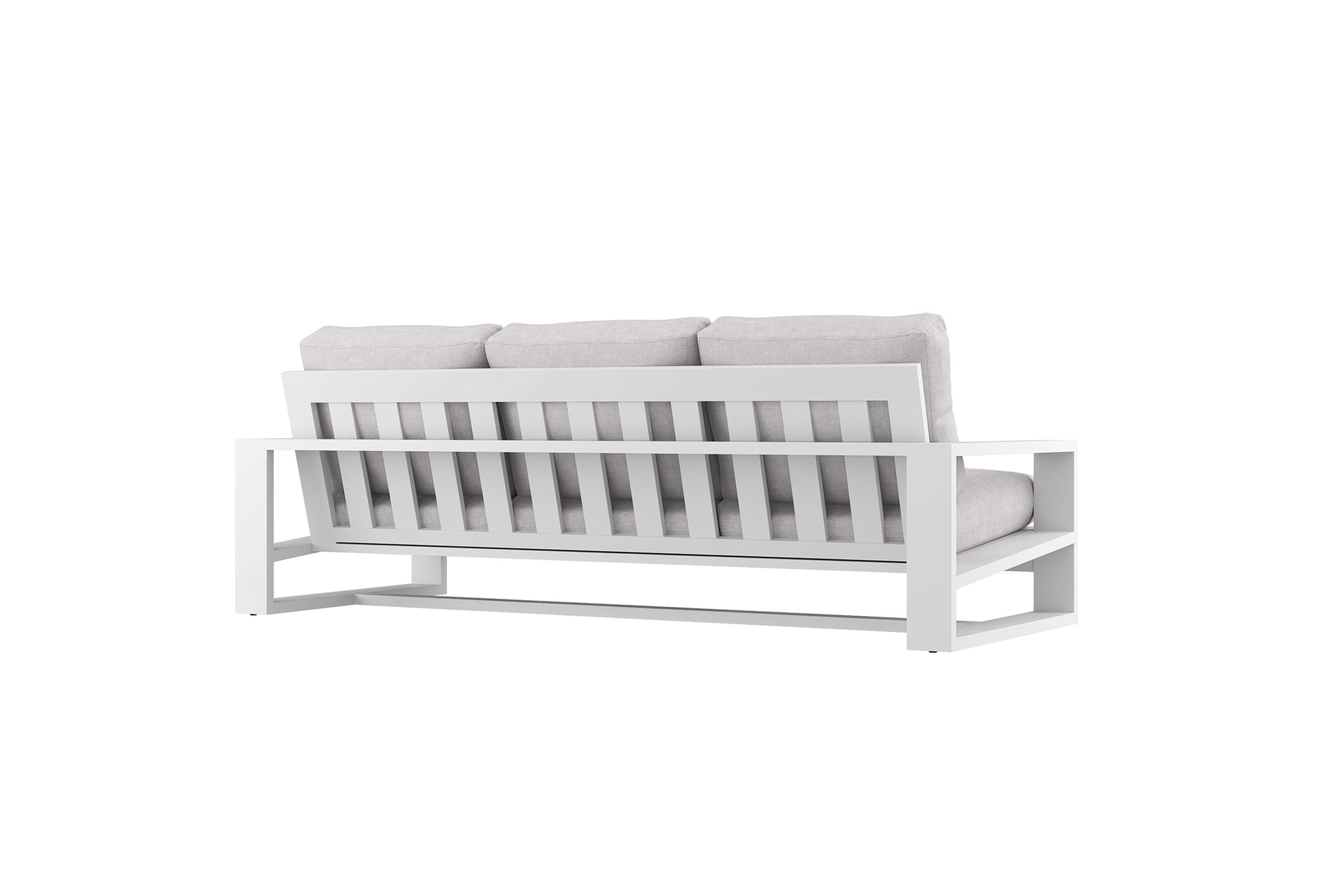 White outdoor sofa with cushions on a white background